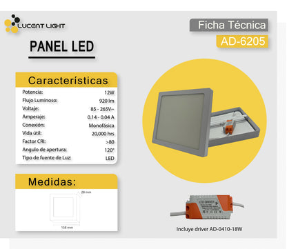 Panel Led Cuadrado 12W Frío